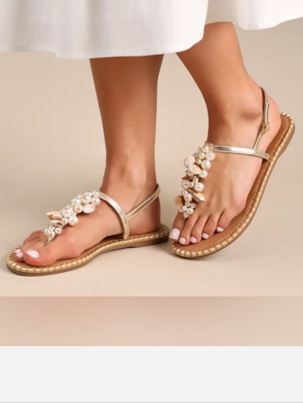 Jessica Simpson Gold Pearl & Shell Embellished T-Strap Sandals Size 7.5